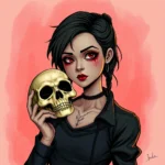 Carton Portrait of Destiny West holding a skull