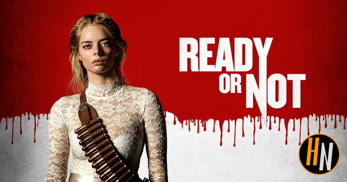 romotional banner for the 2019 horror-comedy film "Ready or Not." A young blonde woman in a torn white lace wedding dress stands against a red background, wearing a bandolier of bullets across her chest. The film's title appears in large white text to her right, with a dripping blood effect along the bottom of the red section.