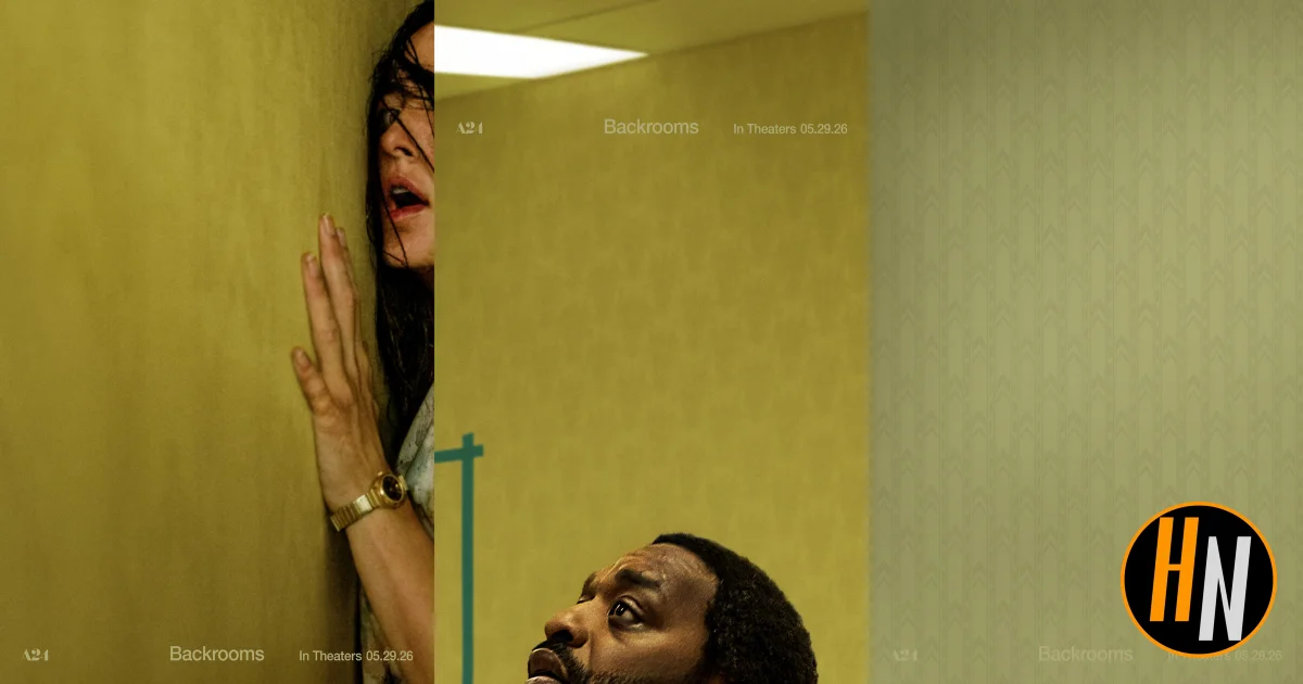 Promotional image for *Backrooms* (A24, in theaters 05.29.26), created by combining three official one-sheet posters into a single widescreen composite. Left panel: a woman with dark hair presses her hand against a yellow-green institutional wall, mouth open in terror, her face partially obscured as she peers around a corner. Center panel: the same yellow-green environment, nearly empty, with a small teal barrier visible — stark and unsettling. Right panel: a man looks upward with a fearful expression against a pale institutional wall. The Horrortainment News logo appears in the lower right corner.