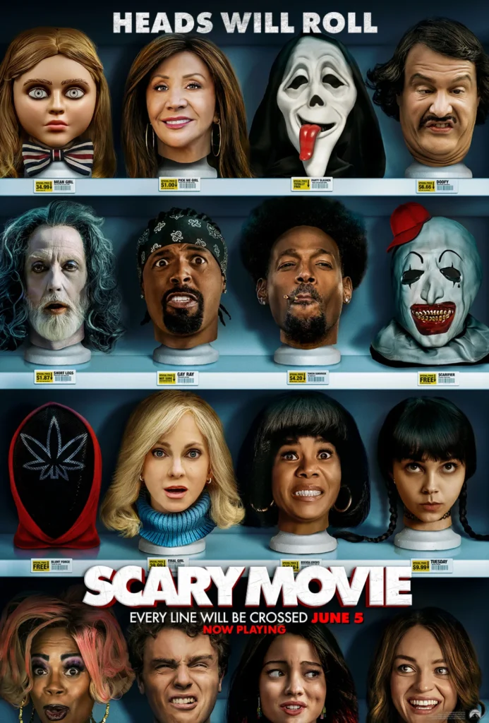 Official one-sheet poster for Scary Movie (2026), tagline "Heads Will Roll." The poster depicts a costume shop display shelf featuring the severed heads of the film's characters mounted on mannequin stands, each with a price tag label. Top shelf includes Mean Girl ($34.99), Pick Me Girl ($1.00), Party Slasher (Totally Free), and Doofy ($6.66). Middle shelf features Short Legs ($1.87), Gay Ray ($4.20), Token Survivor ($4.20), and Scarifier (Free). Third shelf shows Blunt Force (Free), Final Girl ($20.04), Brenda Knows, and Tuesday ($9.99). Below the title, four additional cast members peek up from the bottom edge of the frame. Title treatment reads "SCARY MOVIE — Every Line Will Be Crossed — June 5, Now Playing." Distributed by Paramount Pictures.
