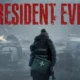 Promotional artwork with the "RESIDENT EVIL" title in distressed red lettering across the top. Below it, a figure seen from behind, wearing a beanie, a dark winter jacket with reflective stripes, and a green first-aid case slung at their side, stands in a heavy snowstorm facing a road littered with wrecked cars. One car lies overturned and burning, and flames burn at the right edge of the frame. A small orange "HN" logo sits in the bottom-right corner.