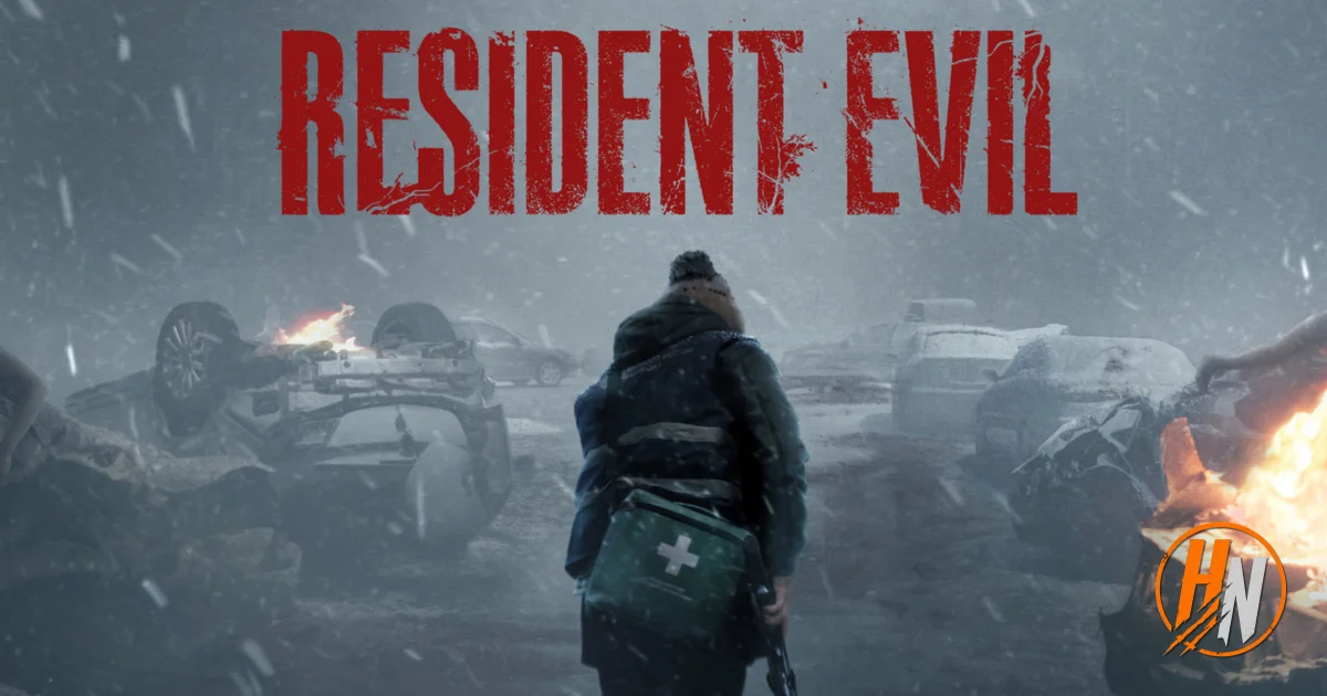 Promotional artwork with the "RESIDENT EVIL" title in distressed red lettering across the top. Below it, a figure seen from behind, wearing a beanie, a dark winter jacket with reflective stripes, and a green first-aid case slung at their side, stands in a heavy snowstorm facing a road littered with wrecked cars. One car lies overturned and burning, and flames burn at the right edge of the frame. A small orange "HN" logo sits in the bottom-right corner.
